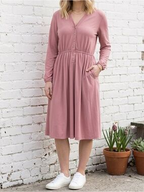 Vintage 80s Pink Midi Dress Soft Girl Cottagecore Minimalist Long Sleeve Medium